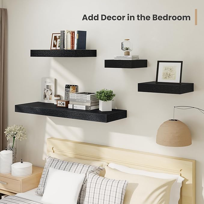 Heimlove 12 Inch Deep Floating Shelves, 12 x 12 inches Long Wall Shelf, Large Extra Display Shelf & Storage Shelf, Rustic Wood Wall Shelves for Fireplace Mantel, Black - 2Pack