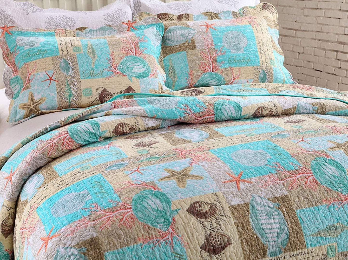 YAYIDAY Quilts Queen Size Bedspread Set - 100% Cotton Reversible Breathable Star Fish Coral Shell Style Quilted Quilt with Pillow Shams for All Seasons