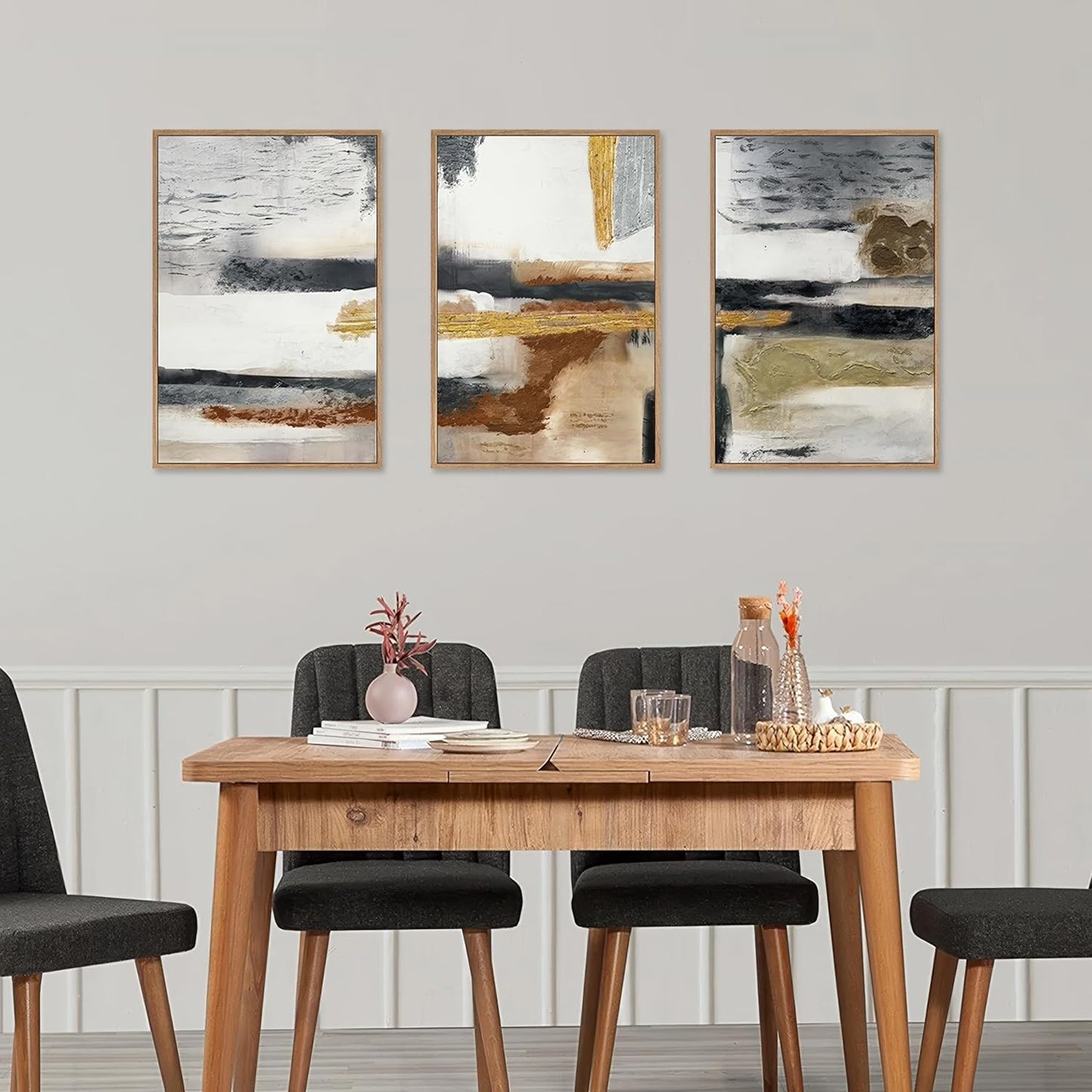 Modern Abstract Framed Canvas Wall Art Set, Neutral Textured Wall Decor, Boho Minimalist Gold and Gray Wall Painting for Living Room, Bedroom, Dining Room, Office - 16" x24" x3