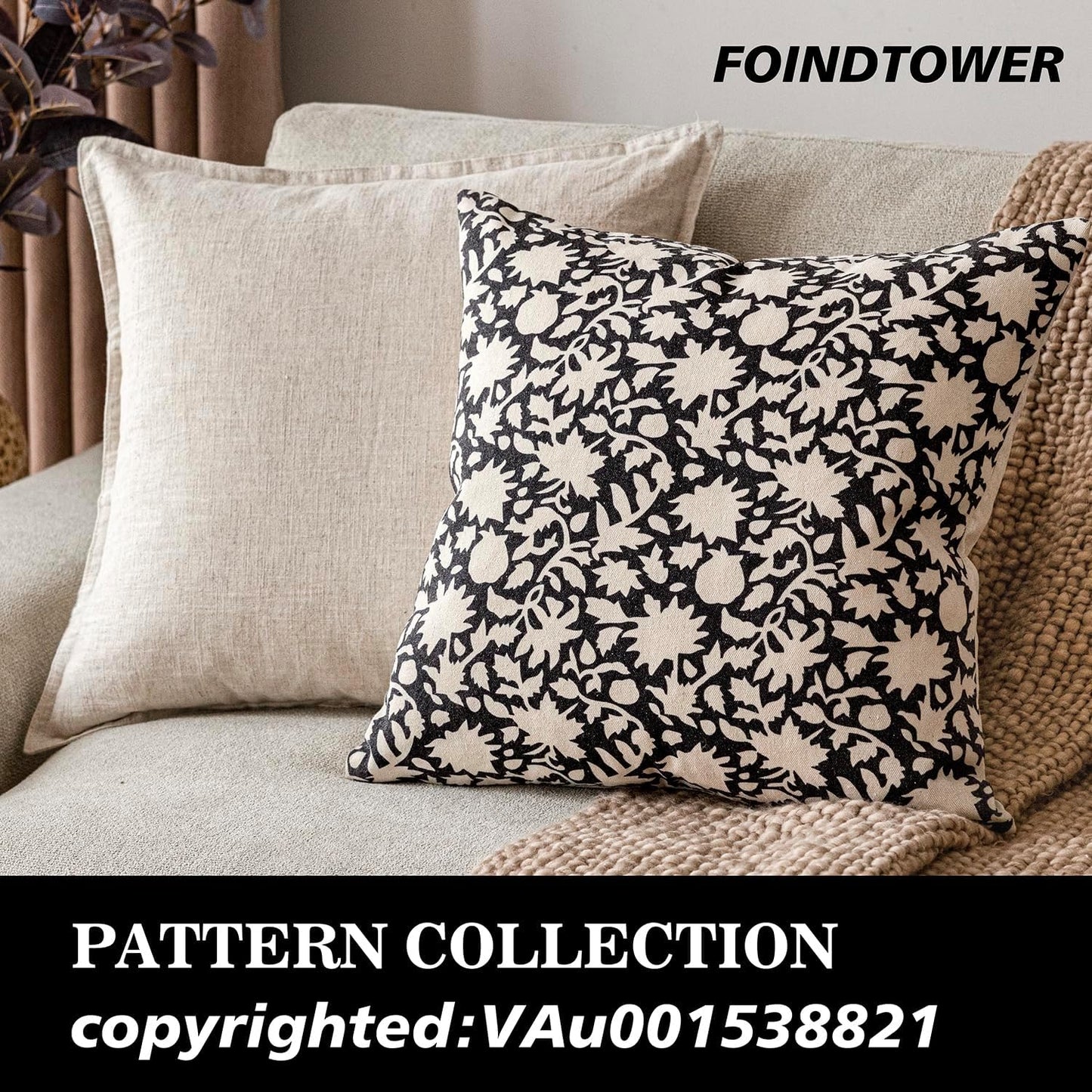 Foindtower Set of 2 Decorative Neutral Floral Throw Pillow Covers Accent Farmhouse Cushion Covers Boho Vintage Pillowcase for Couch Sofa Bedroom Living Room Home Decor Outdoor22×22 Inch,Black
