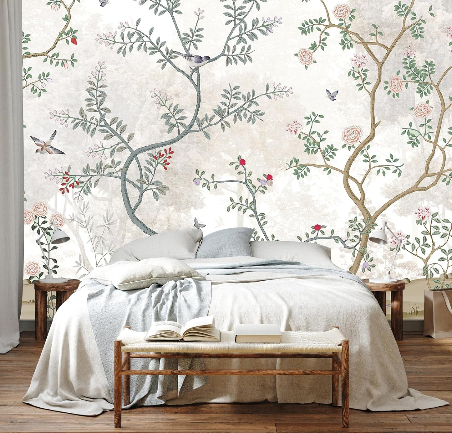 Modern Flower Bird Wallpaper Forest Mural for Bedroom Living Room (Not Peel n' Stick)