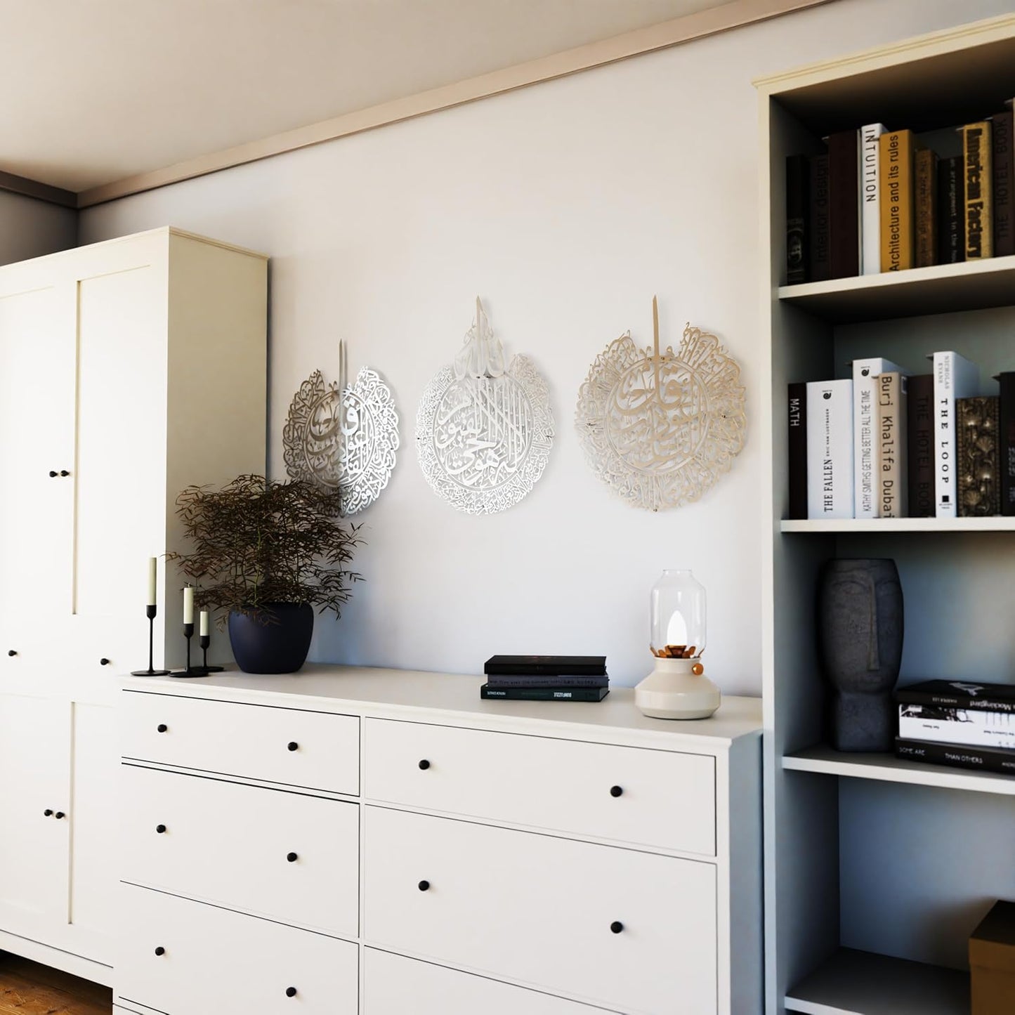 IWA CONCEPT Metal Set of Ayatul Kursi, Surah Al Falaq and Surah An Nas | Islamic Ramadan Wall Decorations | Modern Muslim Housewarming Gift | Calligraphy | Quran Wall Art | (Matte Silver, XLarge)