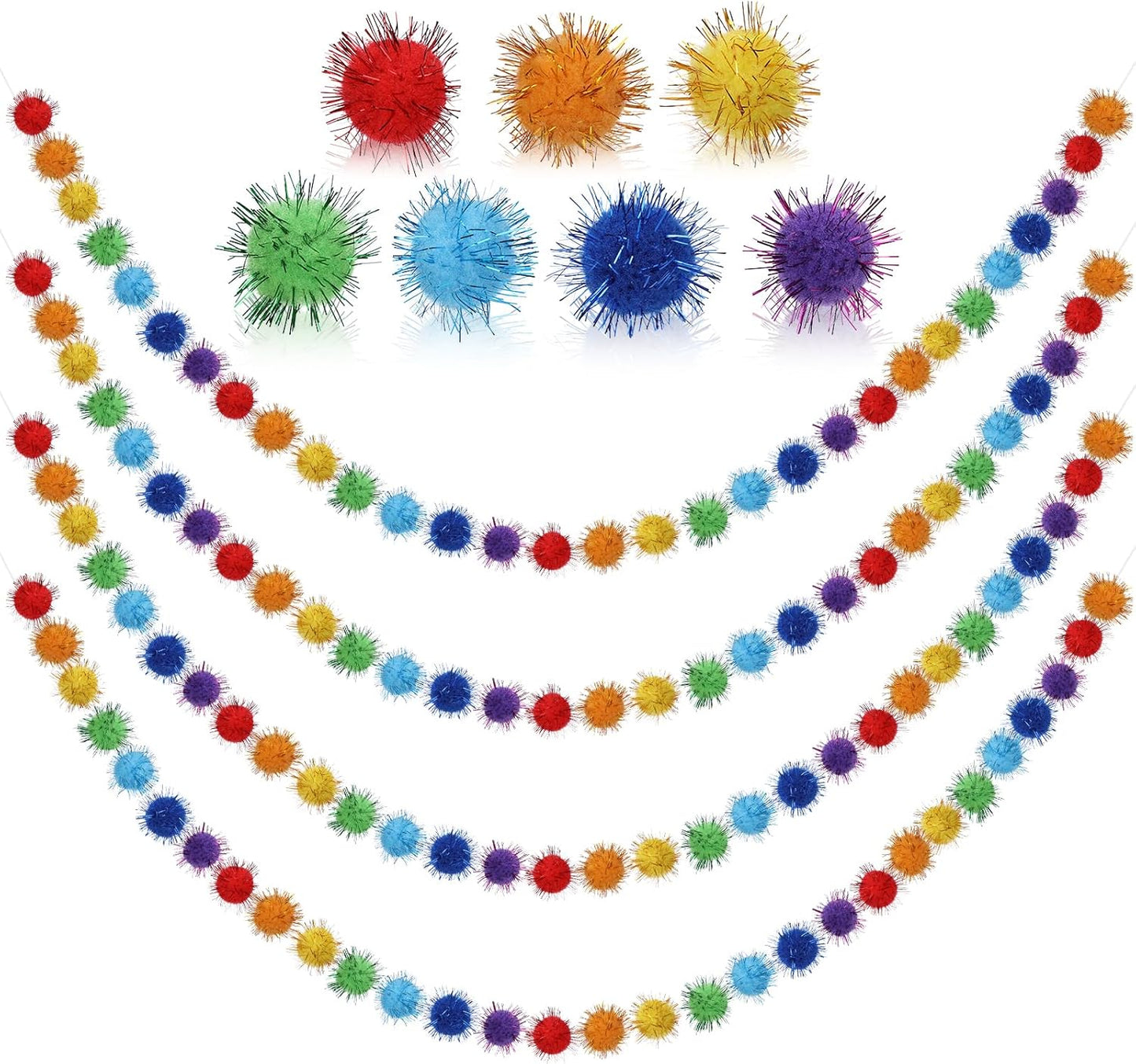 4pack Rainbow Glitter Pom Pom Garland Decorations, Christmas Felt Ball Garland for Mantle, Indoor Home Decor, Tree Ornaments, Kids Room and Party Hanging