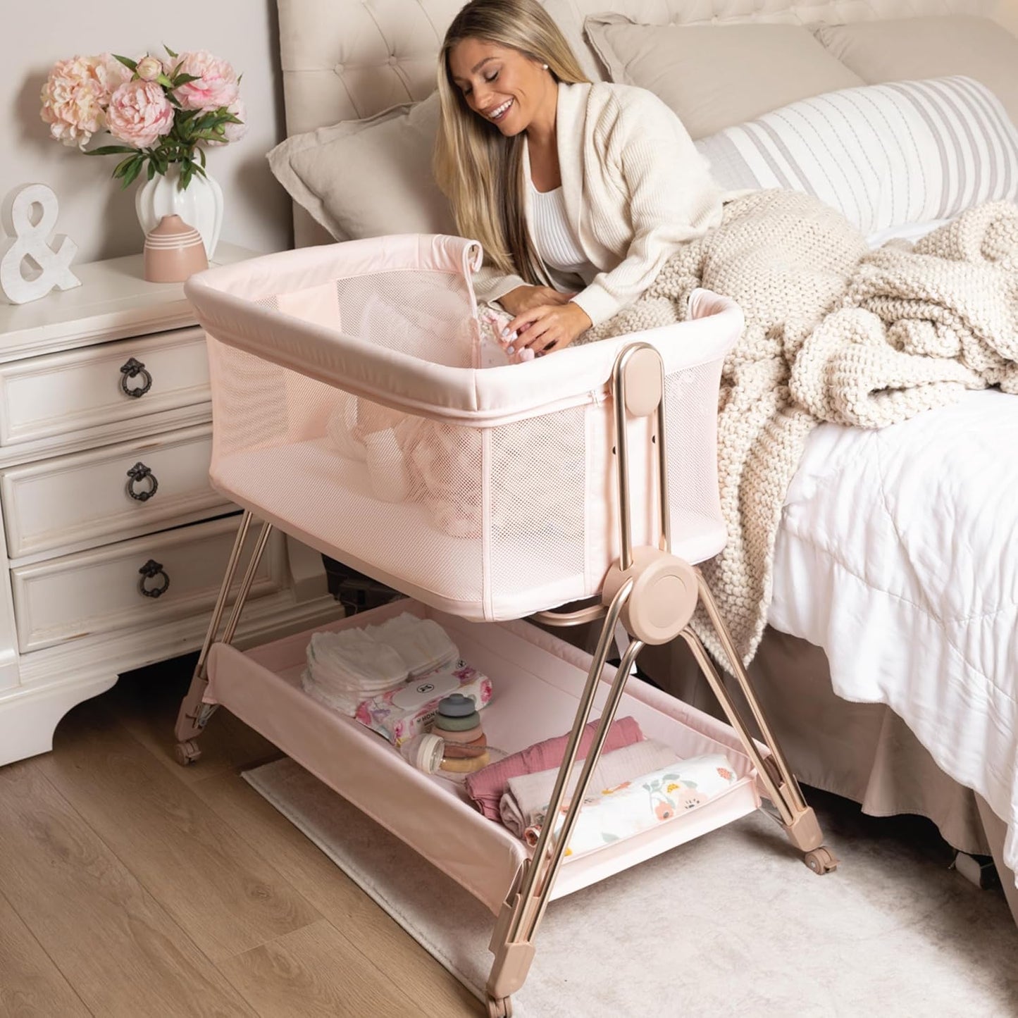 Baby Bedside Sleeper - Bassinet & Bedside Crib with Height Adjustment & Wheels - Can Be Placed Next to Bed - Attaches to Parents Bed - Easy to Fold & Carry Bassinet for Girls (Pink)