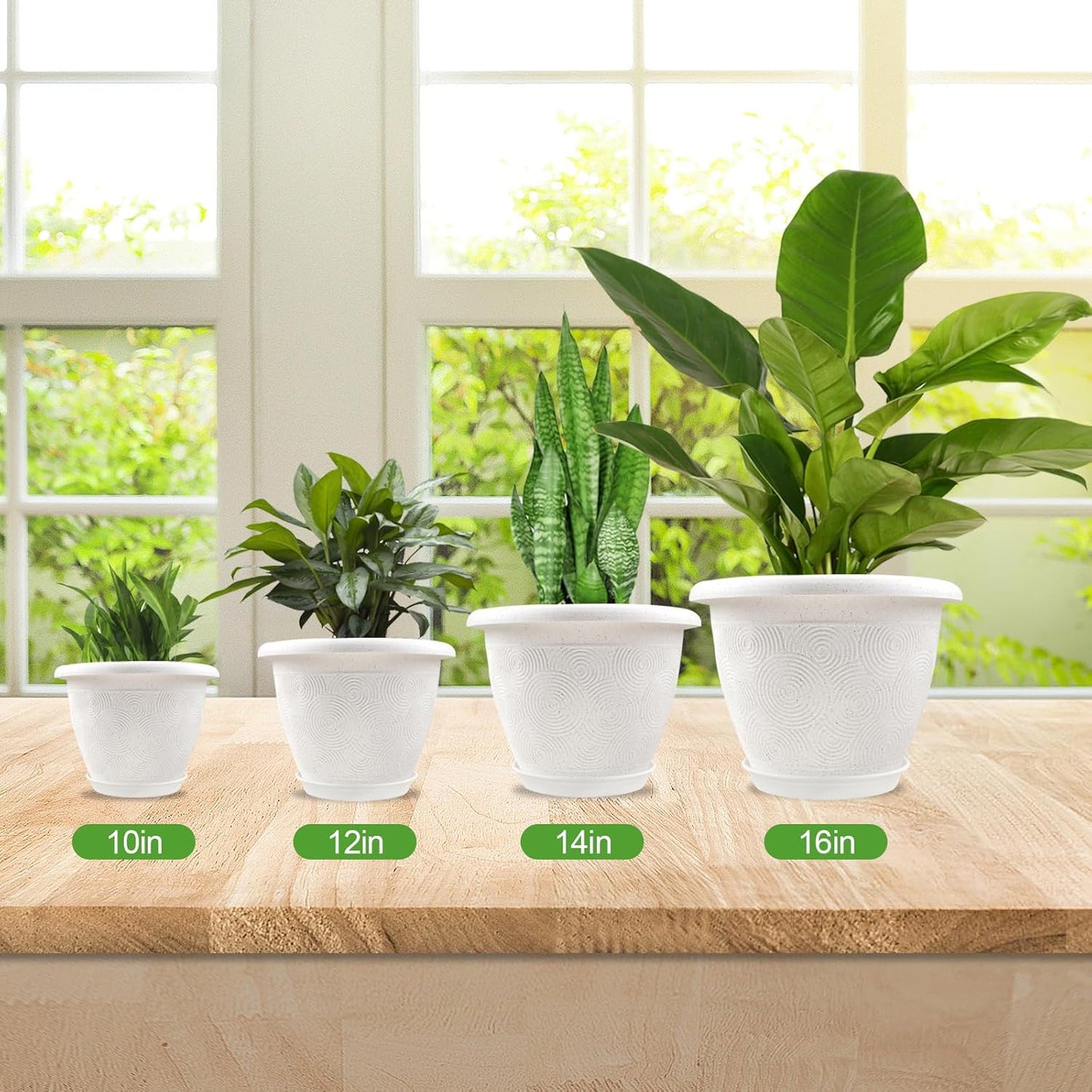 Plastic Flower Pots Planters for Indoor Plants, 4 Pack 14 Inch White Plant Pots with Drainage Hole & Tray, Modern Decorative Large Plant Pot with Saucer for Indoor Outdoor Plants Garden House Planter