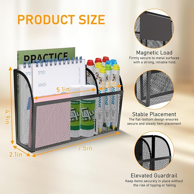 Magnetic Pencil Holder-Magnetic Basket for Fridge 3-Grid Mesh Magnetic Pen Holder for Refrigerator, Extra Strong Magnets Mesh Marker Holder Locker Accessories Organizer for Whiteboard