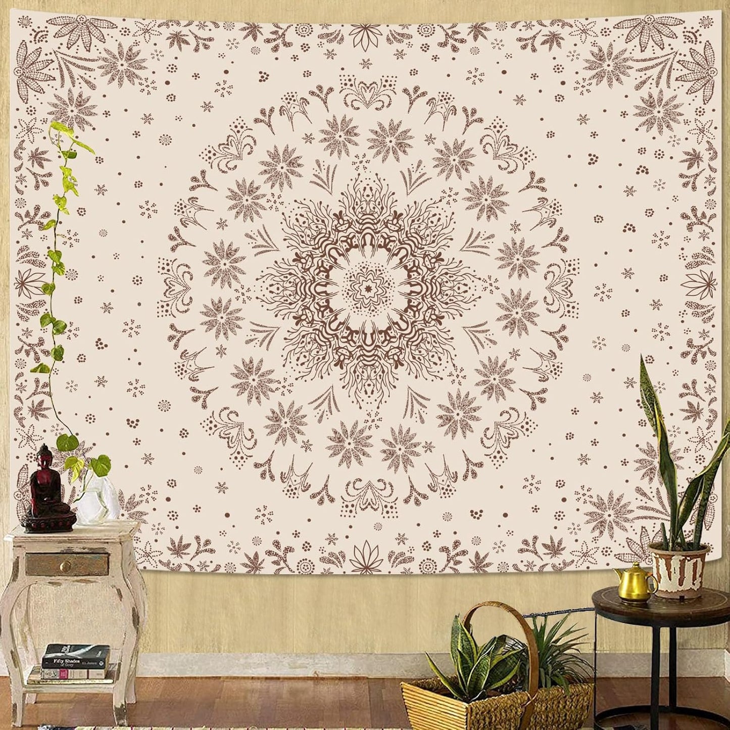 Fowocu Boho Floral Mandala Tapestry Wall Hanging Bohemian Flower Medallion Tapestry Aesthetic Beige Brown Hippie Indian Small Tapestries for Bedroom Living Room Dorm Decor 60 x 44 Inch