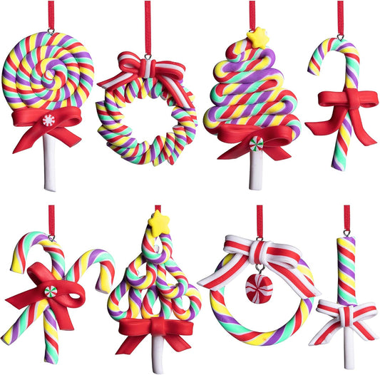 codree 8 PCS Christmas Lollipop Ornaments- Candy Ornaments for Christmas Tree- Candies Polymer Clay Ornament for Xmas Tree Party Hanging Decoration