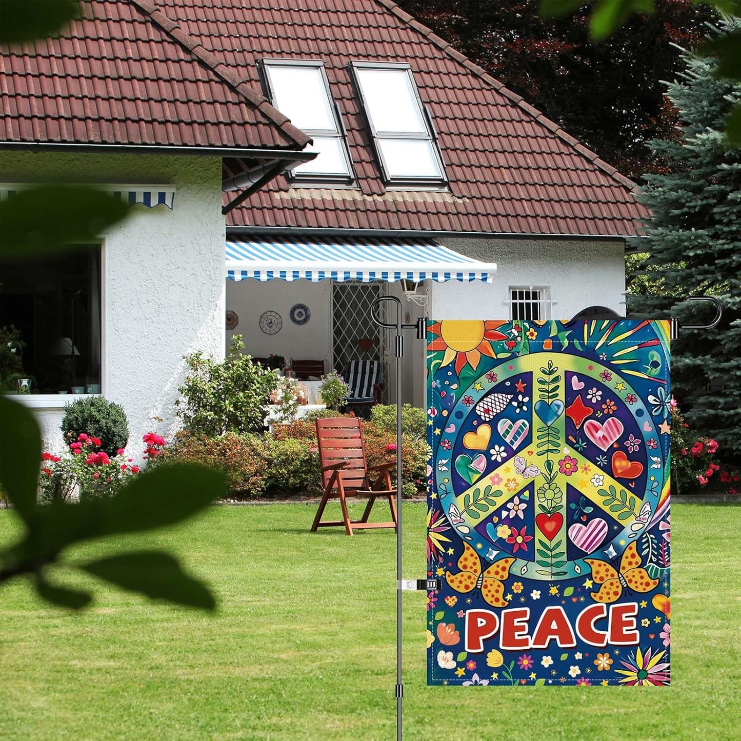 Peace Garden Flag Butterfly Flowers Art Garden Yard Flags Double Sided Colorful Farmhouse Holiday Decorative Yard Flag, Porch Outdoor Decoration Sign Banner (12X18INCH)