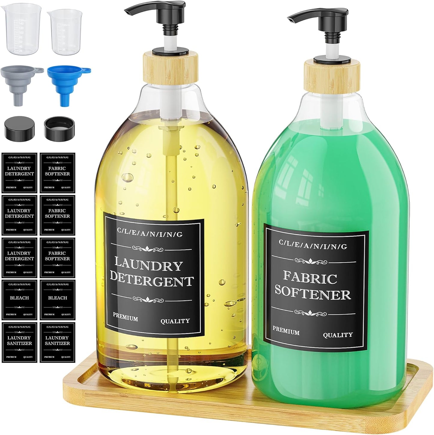 Moforoco Liquid Laundry Detergent Dispenser with Bamboo Tray, 2 Pack 64 Oz Plastic Laundry Soap Dispenser, Fabric Softener Dispenser with Pump and Labels for Laundry Room Decor and Organization