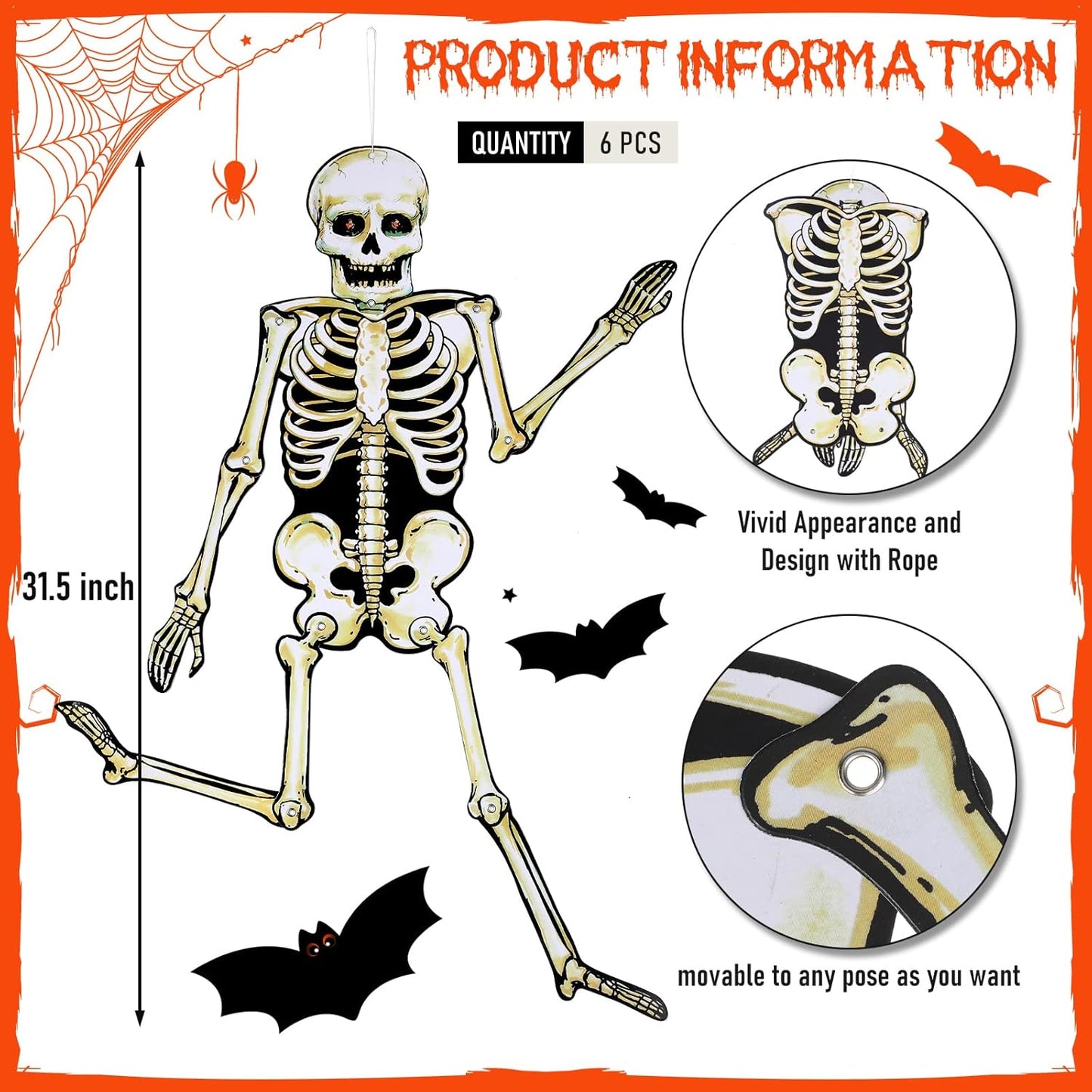 Jeyiour 6 Pieces Halloween Jointed Skeleton Decoration with Movable Joint Halloween Paper Skeleton Cardboard Decoration for Door Window Cutouts Party Prop, 31.5 Inch Tall
