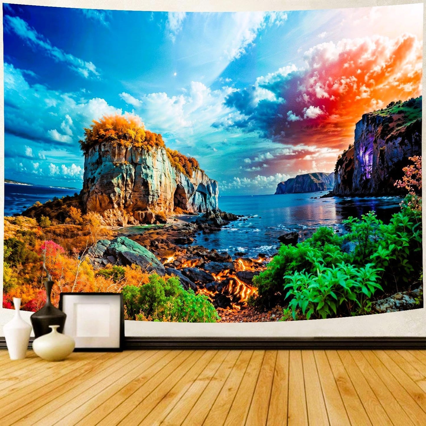 Delur Coastal Ocean Beach Tapestry Tropical Forest Tree Sunrise Sea Landscape Tapestry Wall Hanging Wave Sunset Nature Colorful Spiritual Headboard for Bedroom Living Room Home Decor (70.8" x 92.5")