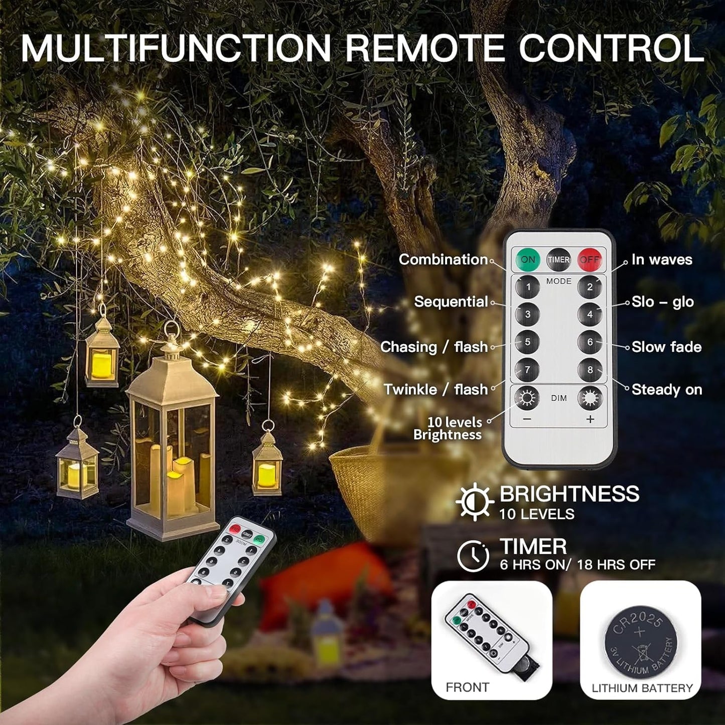 suddus 66ft 200 LED Outdoor String Lights, Warm White Christmas Fairy Light Battery Operated with Remote, Led Twinkle Lights for Bedroom, Dorm, Patio, Tapestry, Backyard, Garden, Xmas, Party, Indoor