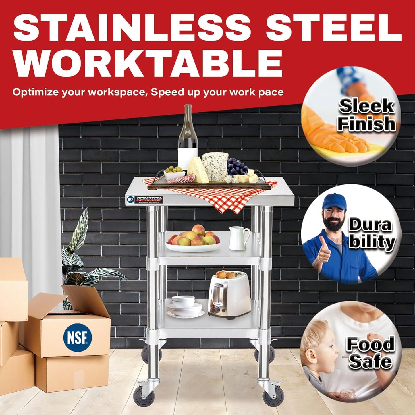 DuraSteel Stainless Steel Work Table 24" x 24" x 34" Height w/ 4 Caster Wheels - Food Prep Commercial Grade Worktable - NSF Certified - Good for Restaurant, Business, Warehouse, Home, Kitchen, Garage