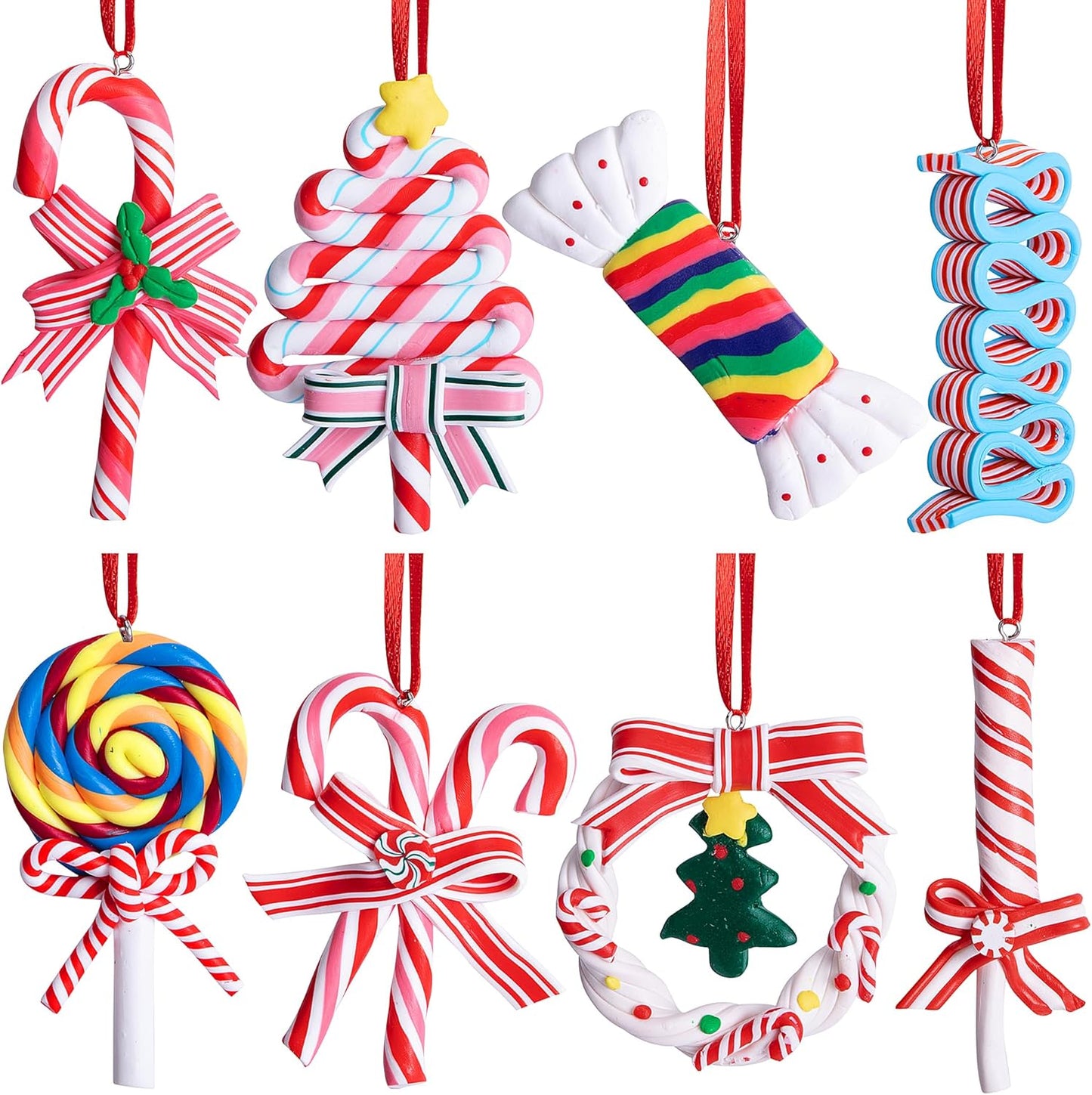 codree 8 Pcs Christmas Lollipop Ornaments - Polymer Clay Christmas Candies - Xmas Decor Candy Cane Hanging Tree Ornaments for Party Home Decoration