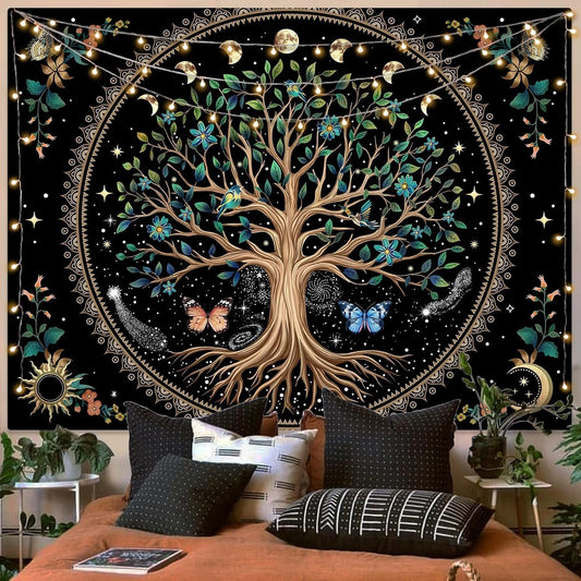 Lunerfex Tree of Life Tapastry Sun and Moon Tapastry Flower Boho Tree Mandala Wall Hanging for Bedroom and Living Room Decor Green Tree 36×48 Inches