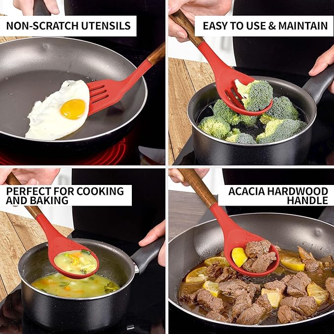 Zulay Kitchen Utensils Set Non-Stick Silicone Cooking Utensils Set with Authentic Acacia Wood Handles - 5 Piece Silicone Utensil Set - Silicone Kitchen Utensils Set with 464°F Heat Resistance - Red