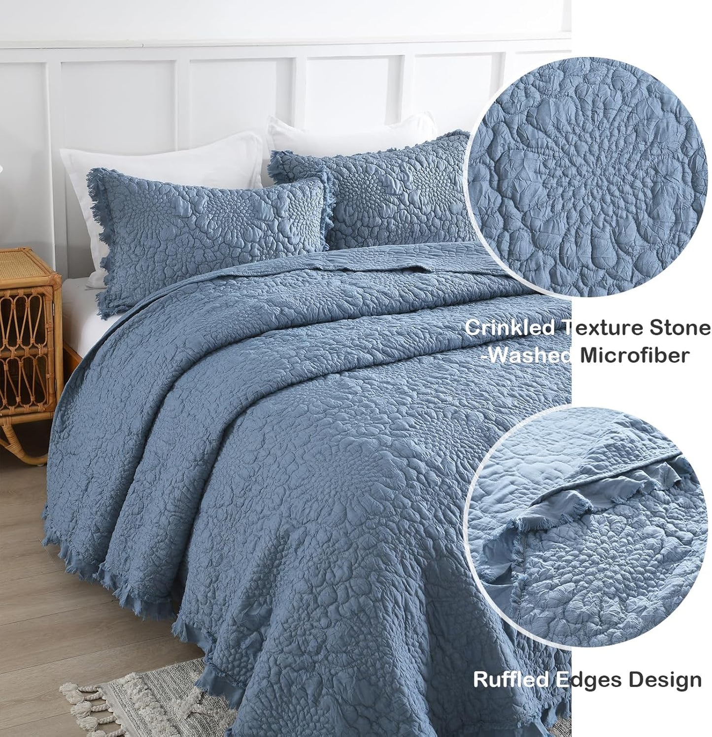 HORIMOTE HOME Blue Ruffled Quilt Queen Size, Stone-Washed Microfiber Lightweight Crinkled Farmhouse Rustic Shabby Chic Bedding Set, 3 Pieces Reversible Bedspread with Pillow Shams for All Season