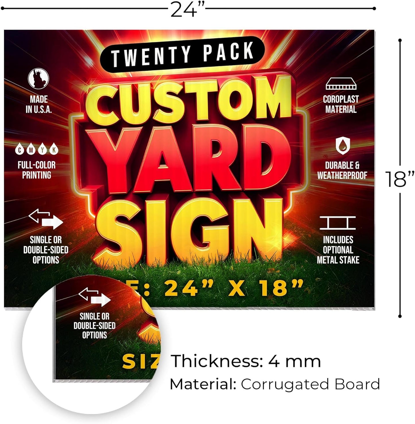 20 Pack 24"x18" Custom Yard Signs with Stakes, Personalized Yard Signs for Outdoors, Customized Full Color Print Corrugated Signs for Business