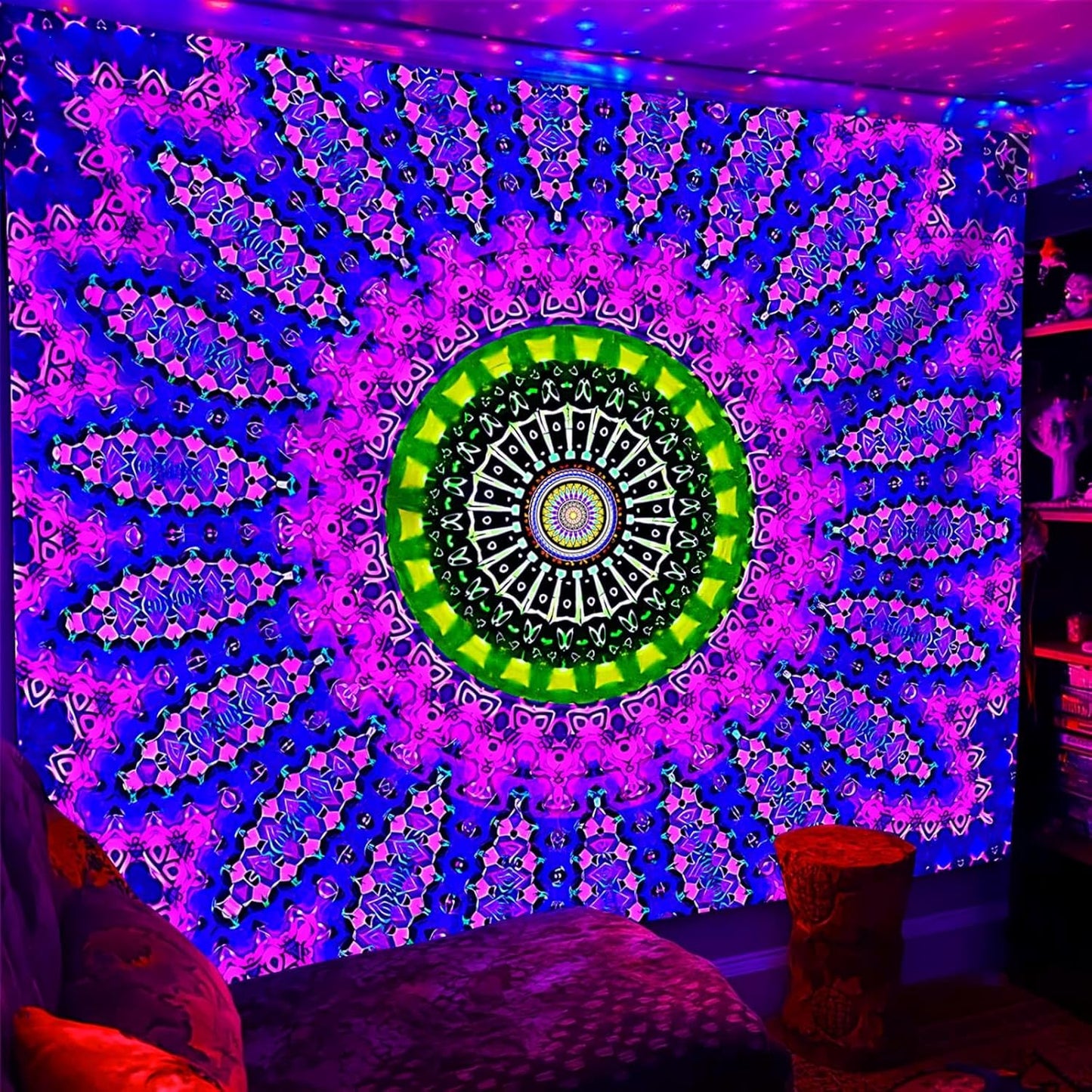 PSYHILAR Blacklight Mandala Tapestry for Bedroom, XL Black Light Posters for Adults and Teens, Red UV Reactive Aesthetic Bohemian Wall Art Decor (90 x 70 Inches)