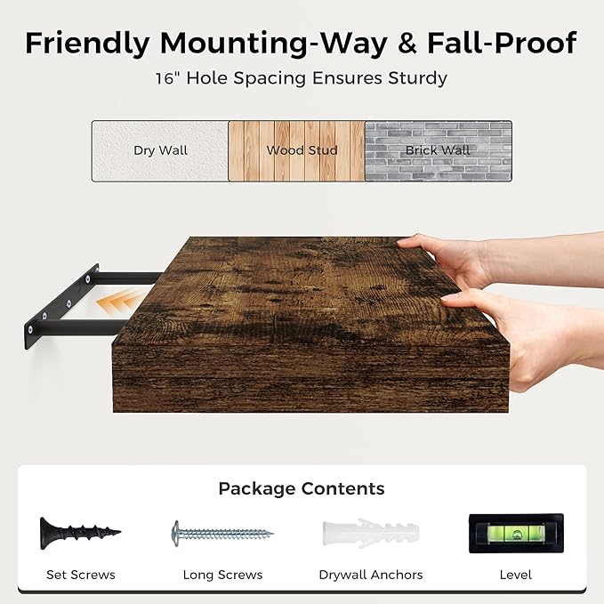 Floating Shelves 48 Inch Long, 12 Inch Deep Floating Shelves for Wall, 48 x 12 Large Wall Shelves for Home Storage & Display, 2" Thicked Floating Shelf for Bedroom, Living Room, Rustic Brown, 1 Pack