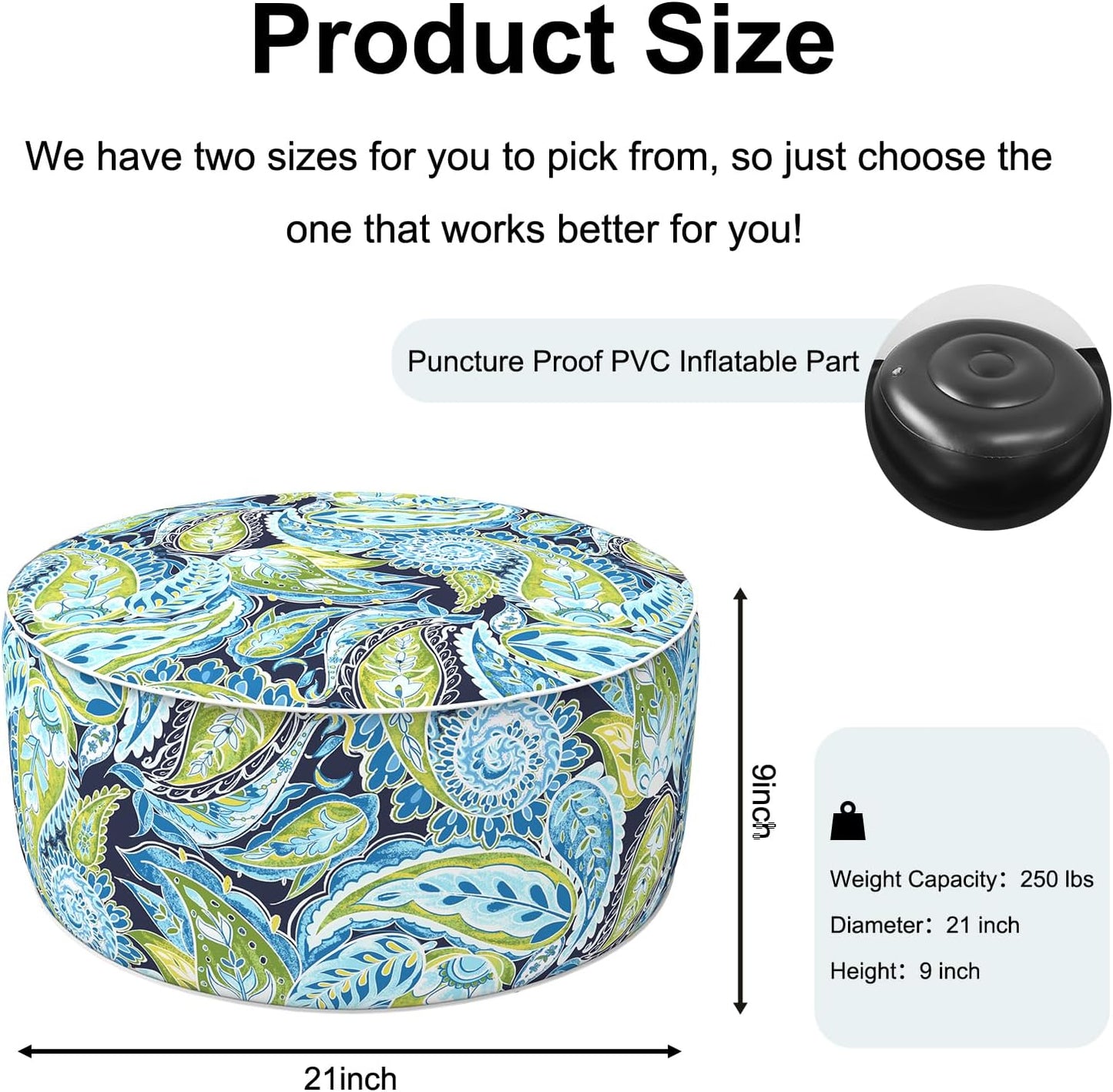 Inflatable Ottoman Stool D21 xH9 for Outdoor/Indoor Use, Water Repellent Patio Foot Rest with Portable Handle,Round Pouf Ottoman Suitable for Garden,Deck and Camping - Paisley Lapis Green