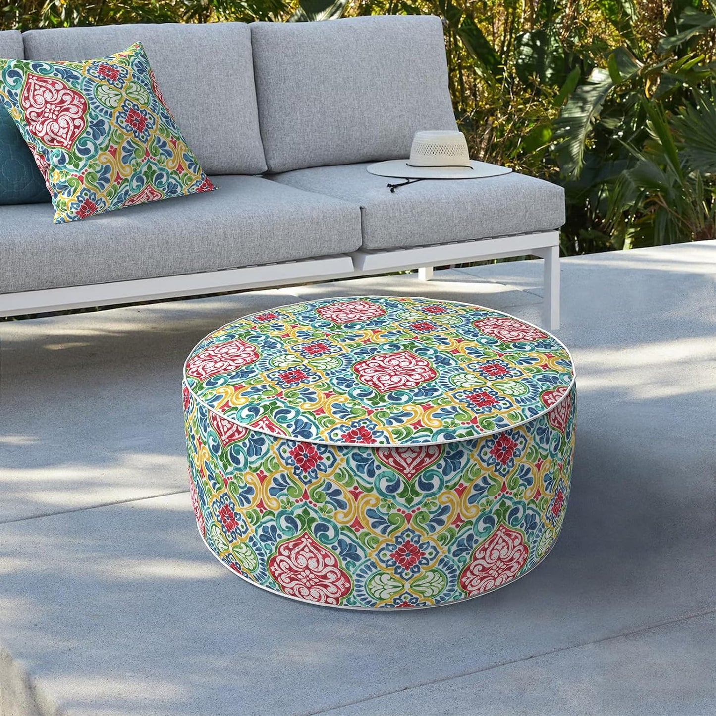 LVTXIII Indoor/Outdoor Inflatable Ottoman, D31 x H14 Inch Large Round Ottoman, All Weather Foot Rest Stool, Portable Footrest for Patio, Garden, Camping and Home - Damask Red