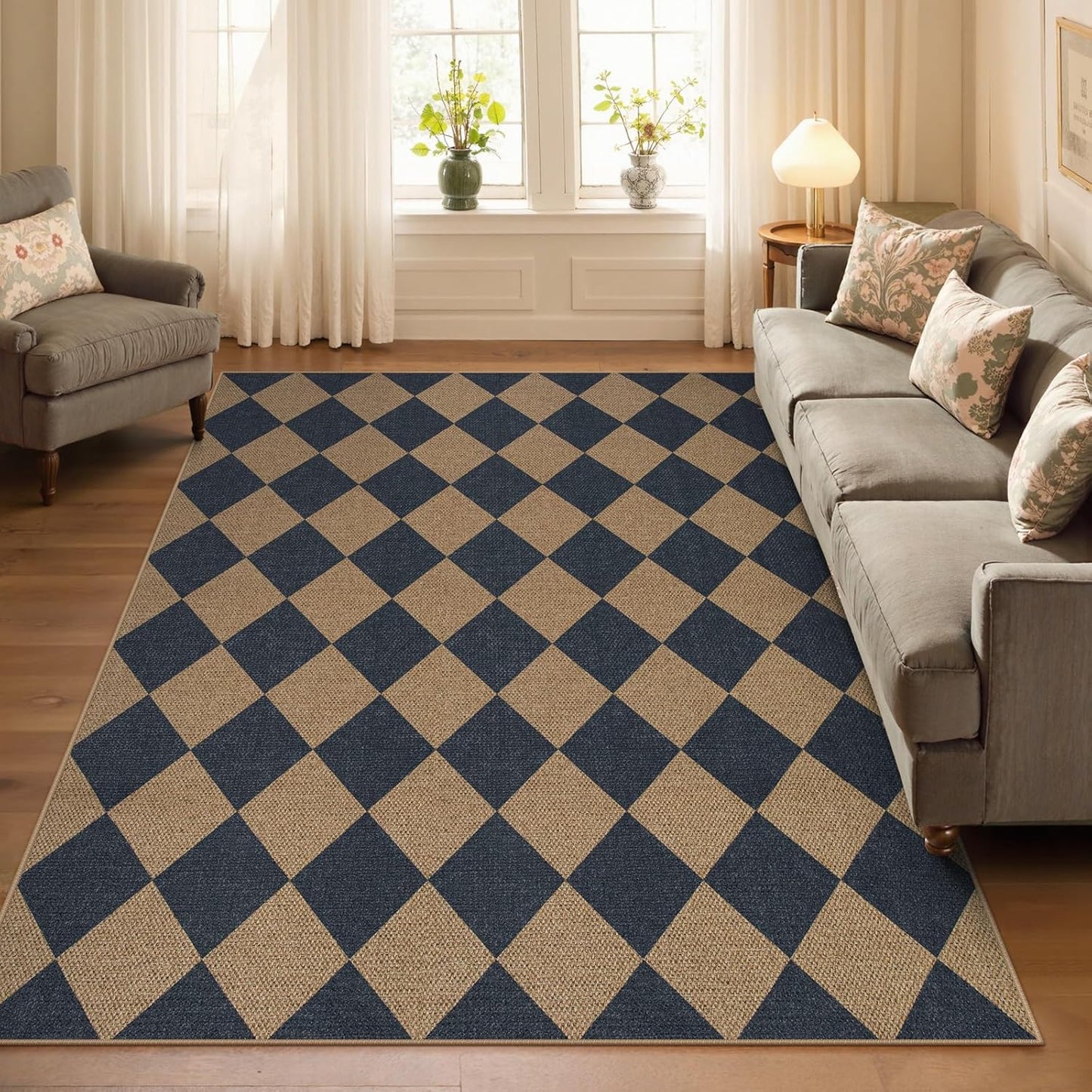Lahome Checkered Easy Jute Washable Rug, 5x7 Area Rugs for Living Room Nature Large Dining Room Carpet, Farmhouse Geometric Non Slip Indoor Outdoor Carpet for Home Office Bedroom Backyard Patio