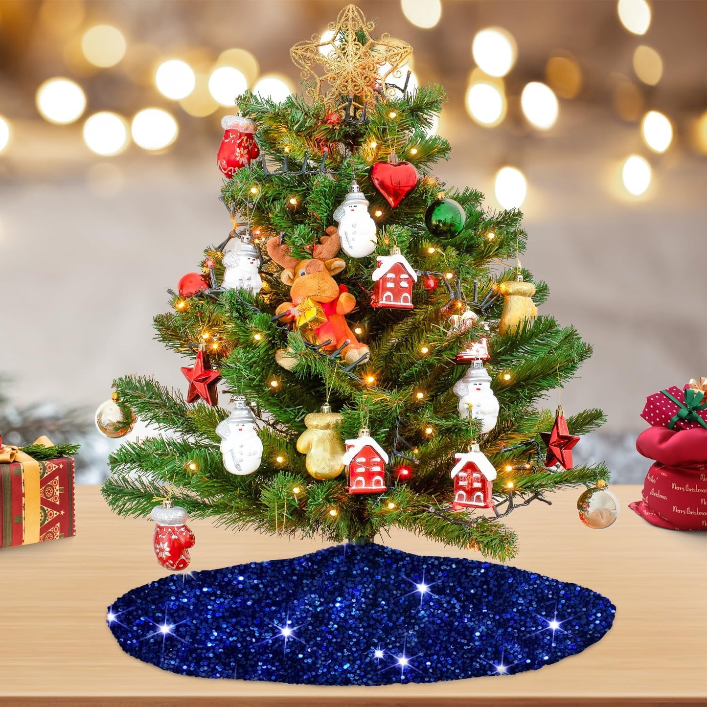 MODFUNS Blue Sequence Christmas Tree Skirt 21 Inches Mini Christmas Tree Mat for Home Decor Miniature Unique Xmas Tree Carpet Skirts Ornament for Christmas Day Family Reunion Holiday Party Banquet