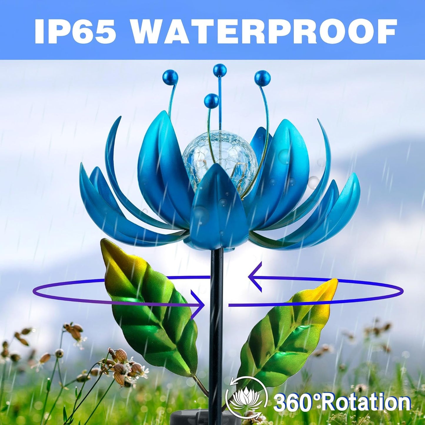 Solar Wind Spinner, 38 Inch Metal Stake Yard Spinners,Solar Powered Multi-Color LED Glass Ball with Kinetic Wind Sculpture Spinner Windmills for Yard