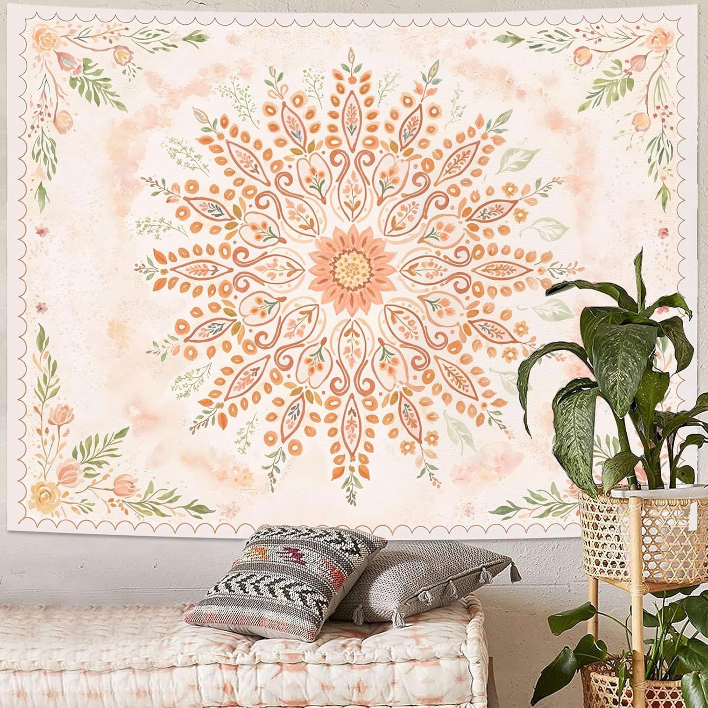 Lunerfex Floral Mandala Tapestry Boho Tapestry for Bedroom Peach Tapestries Wall Hanging Living Room Wall Art and Home Decor 60x80