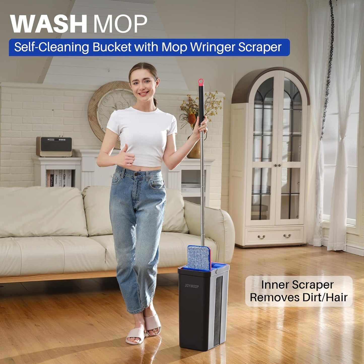 JOYMOOP Mop and Bucket with Wringer Set, Hands Free Flat Floor Mop and Bucket, with 4 Washable Microfiber Pads, Wet and Dry Use, Floor Cleaning System - Black+Red+Slate Blue