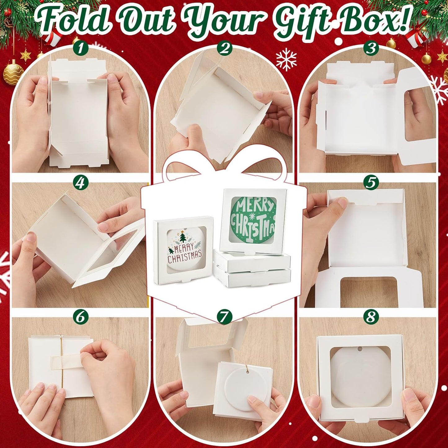 50 Pcs Sublimation Ornament Blanks Box 3.6"x3.6"x0.7" Christmas Ornaments Holder Ceramic Discs Packaging Box with Window for Personalized Xmas Tree Blanks Bulk (White)