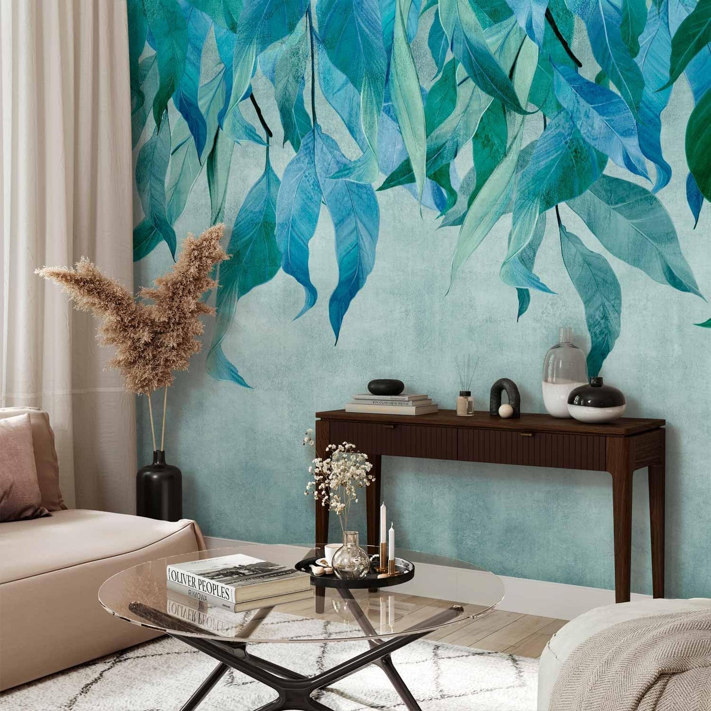 artgeist Wall Mural Hanging Leaves 177x124 in - Non-Woven Wallpaper Fleece Wall Decor Photo Print Picture Image Design Nature Botanical Concrete Green Blue b-C-10146-a-b