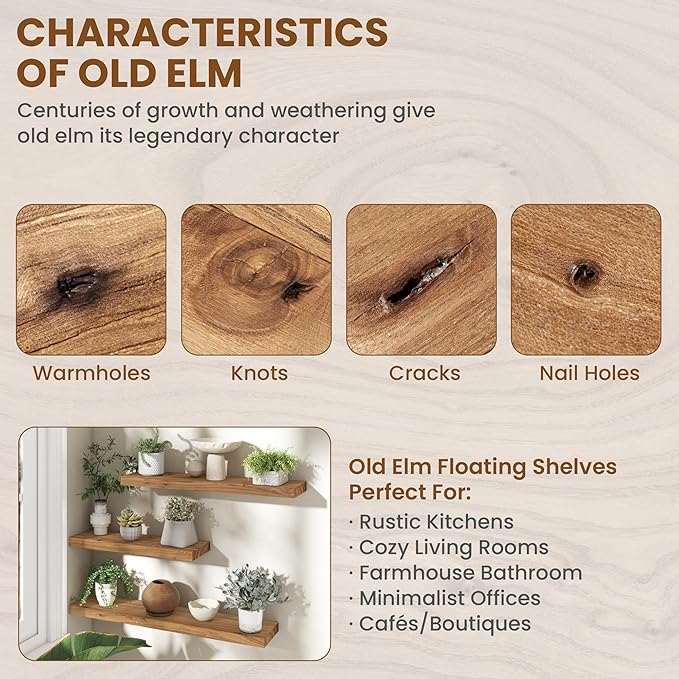 Wood Floating Shelves for Wall, 24" Floating Shelves Wall Mounted, Rustic Old Elm Wood Shelf for Home Decor, Heavy-Duty Storage Shelves for Books, Bathroom, Kitchen, Natural Color, Set of 2