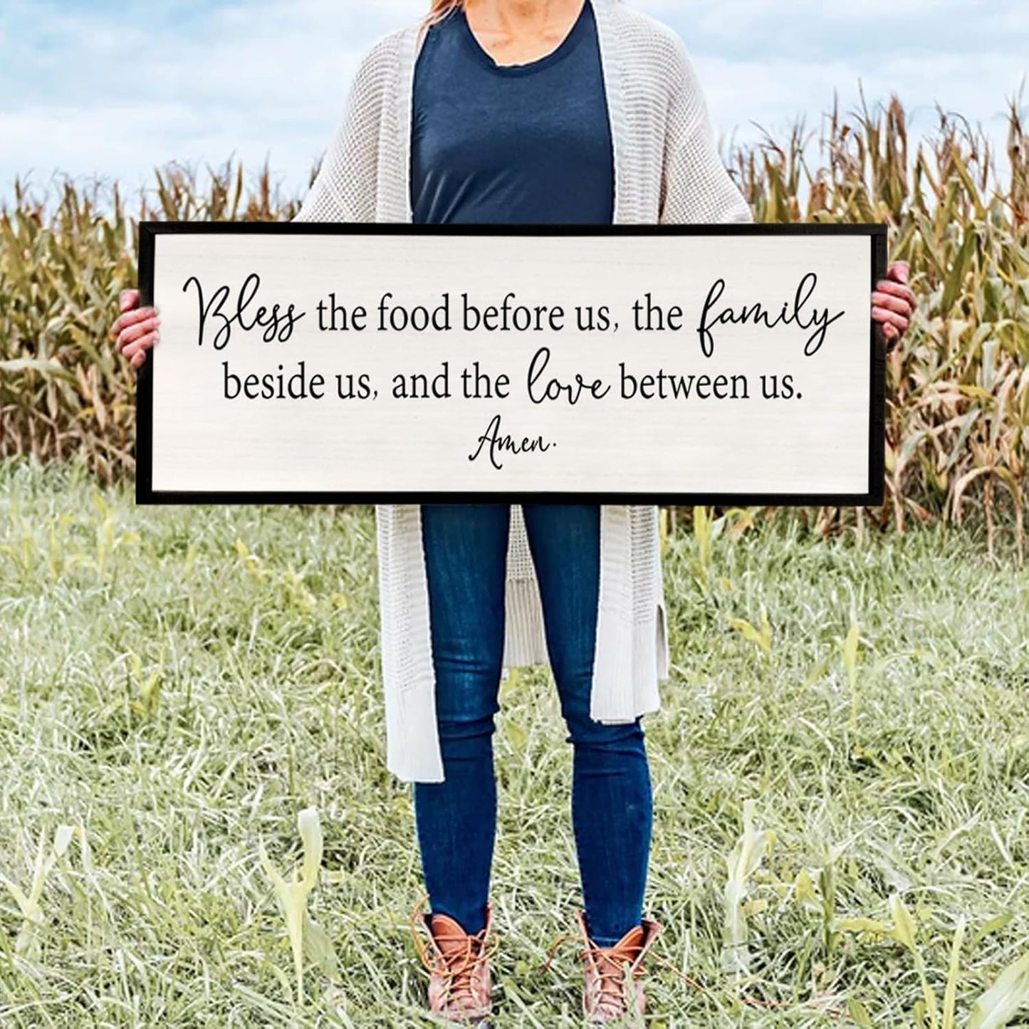 Bless the Food Before Us Sign Wall Decor 40"X15" Large Farmhouse Dining Room Wall Decor Framed Wood Rustic Home Wall Art Kitchen Decoration (Black)