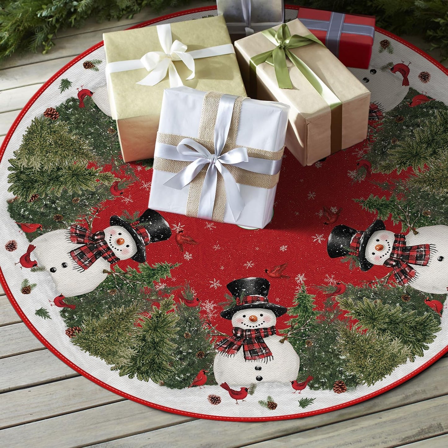 AVOIN colorlife Cardinals Cedar Snowman with Scarf Christmas Tree Skirt, Xmas Winter Holiday Party Tree Mat Indoor Outdoor Decoration 48 Inch