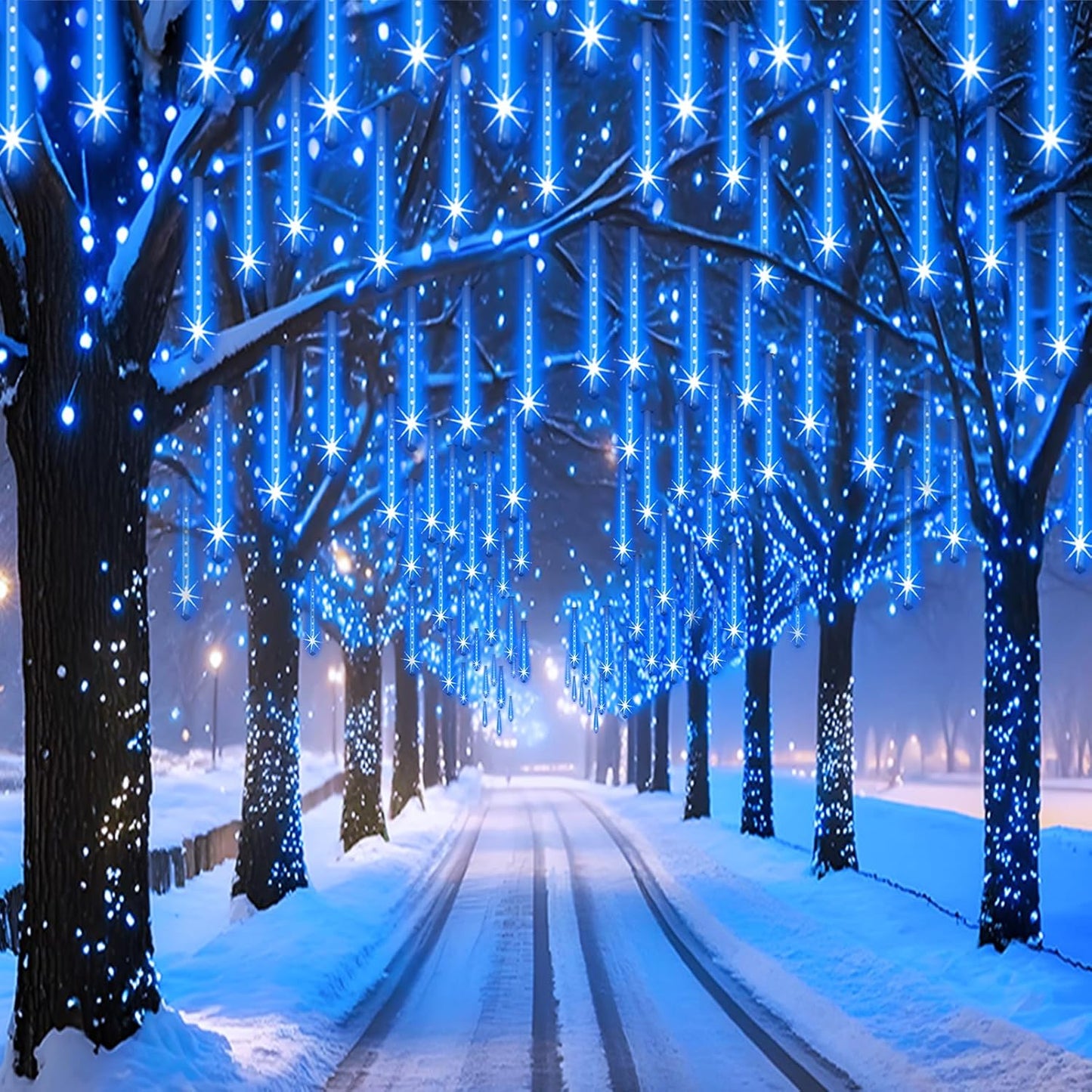 Outdoor Christmas Lights Meteor Shower Lights UL Certified 8 Tubes 192 LED Snow Falling Rain Drop Light Dripping Icicle String Light for Christmas Tree Decorations Xmas Wedding Party, Blue