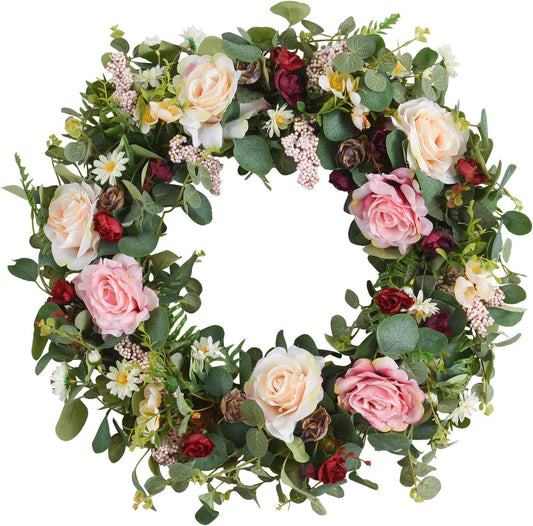 WANNA-CUL 24 Inch Large Spring Rose Wreaths for Front Door,Spring Front Door Wreath with Pink and Wine Red Floral Door Wreath with Eucalyptus Leaves for Wedding or Indoor&Outdoor Decorations