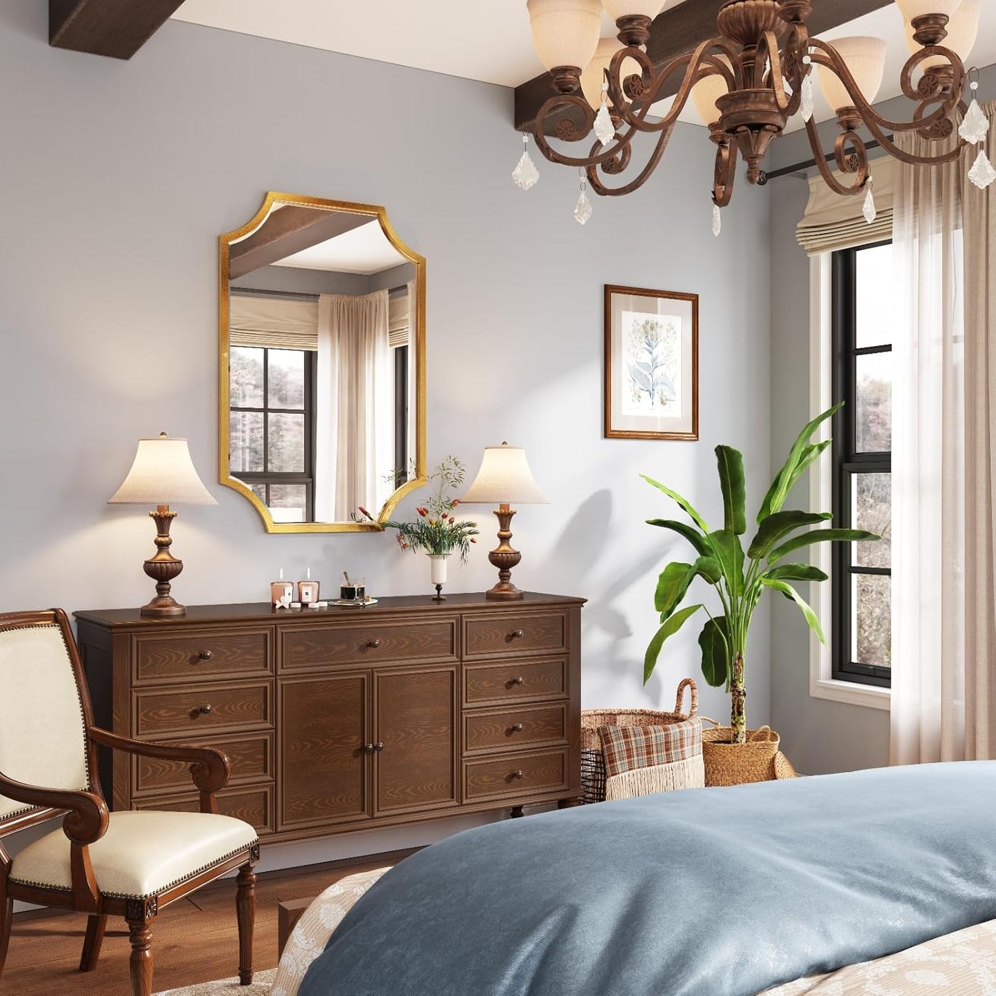 Kelly Miller 24"x36" Gold Mirror for Wall, Gold Scalloped Mirror Vanity Mirror Decorative Wall Mirror Art Beveled Framed for Master Bath Half Bath Living Room Fireplace Mantle Hallyway Entryway