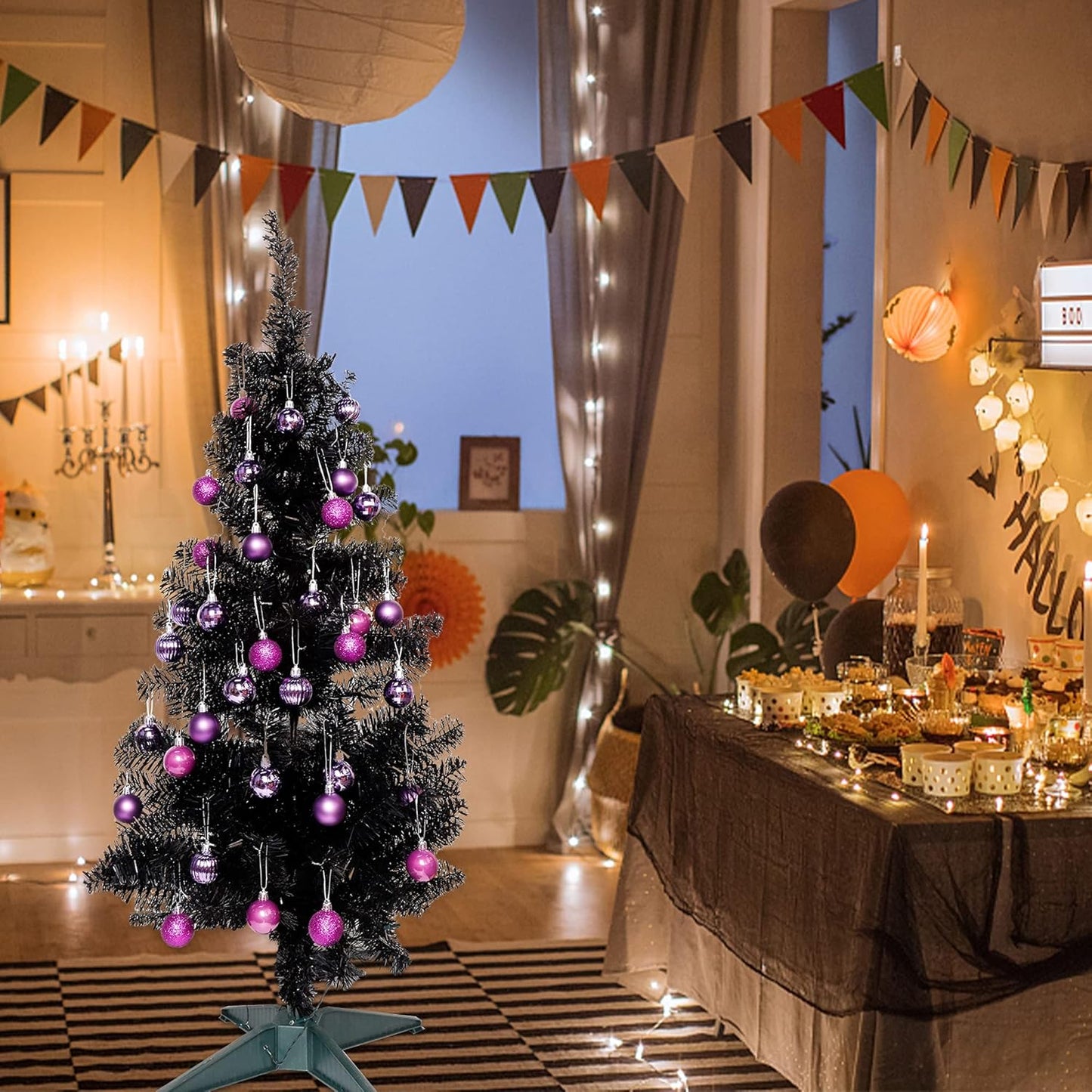 Lulu Home Halloween Hanging Ornaments, 34 Ct 1.57" Pre-Strung Plastic Balls, Shatterproof Barrel Packed Balls for Holiday Party Wreath Tabletop Tree Decorations, Purple