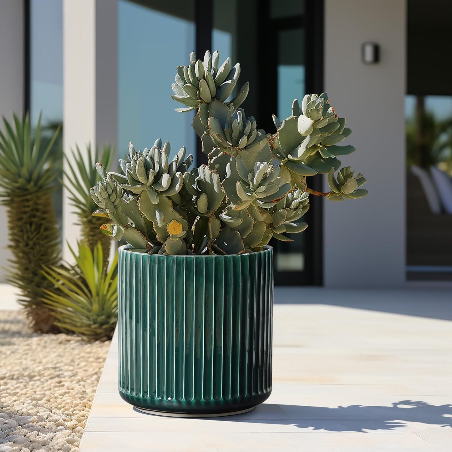 LuxenHome 13.5" Dia Round Ceramic Plant Pots, Large Indoor Outdoor Decorative Planters with Drainage Holes and Rubber Plug, Modern Jade Green Glazed Ribbed Flower Pots Planters for Home Garden Patio
