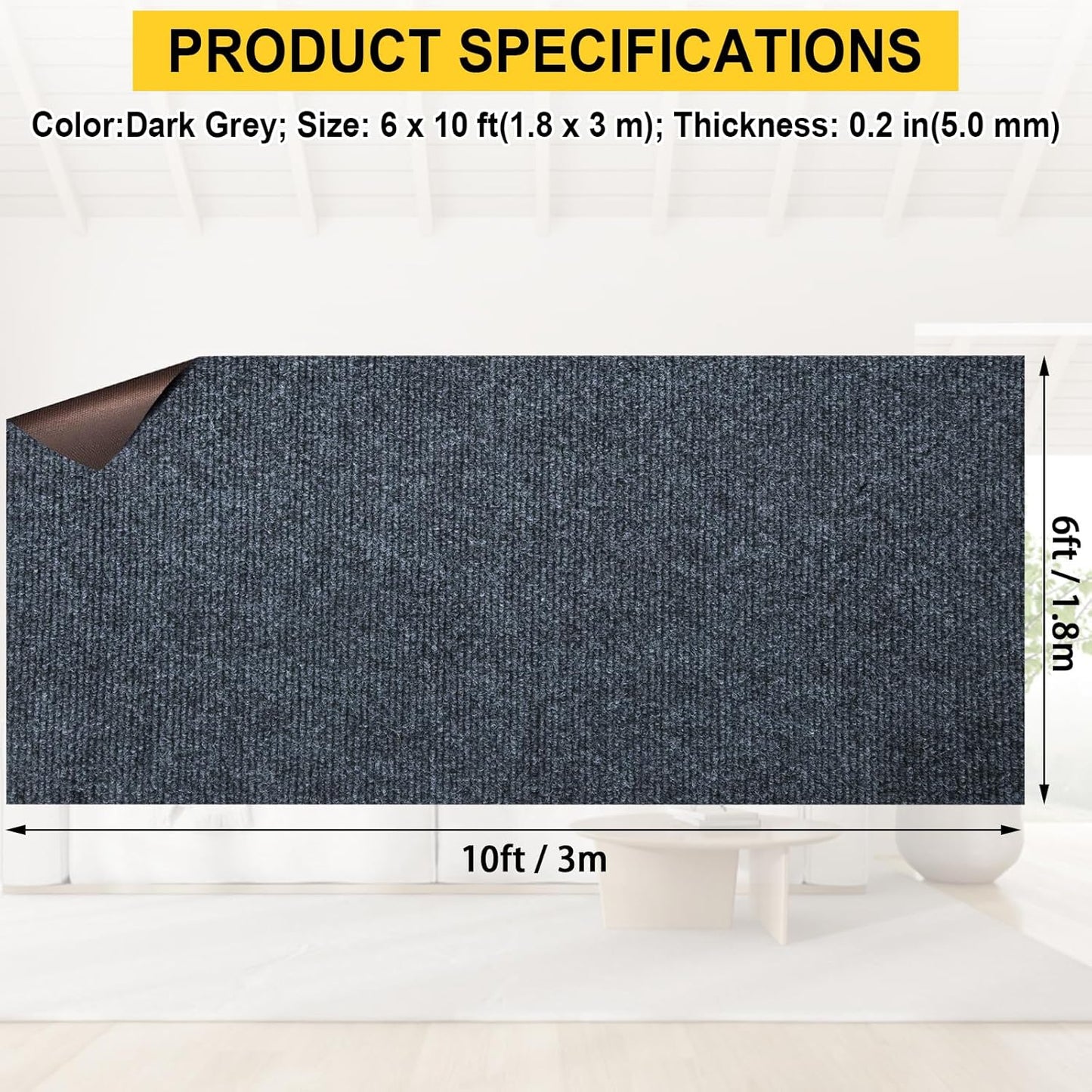 Marine Carpet,6 FT x 10 FT Dark Gray Indoor Outdoor Carpet 0.2" Thick Boat Carpet with Water-Proof TPE Backing, Non-Slide Outdoor Marine Carpet Roll for Home, Patio, Porch, Deck