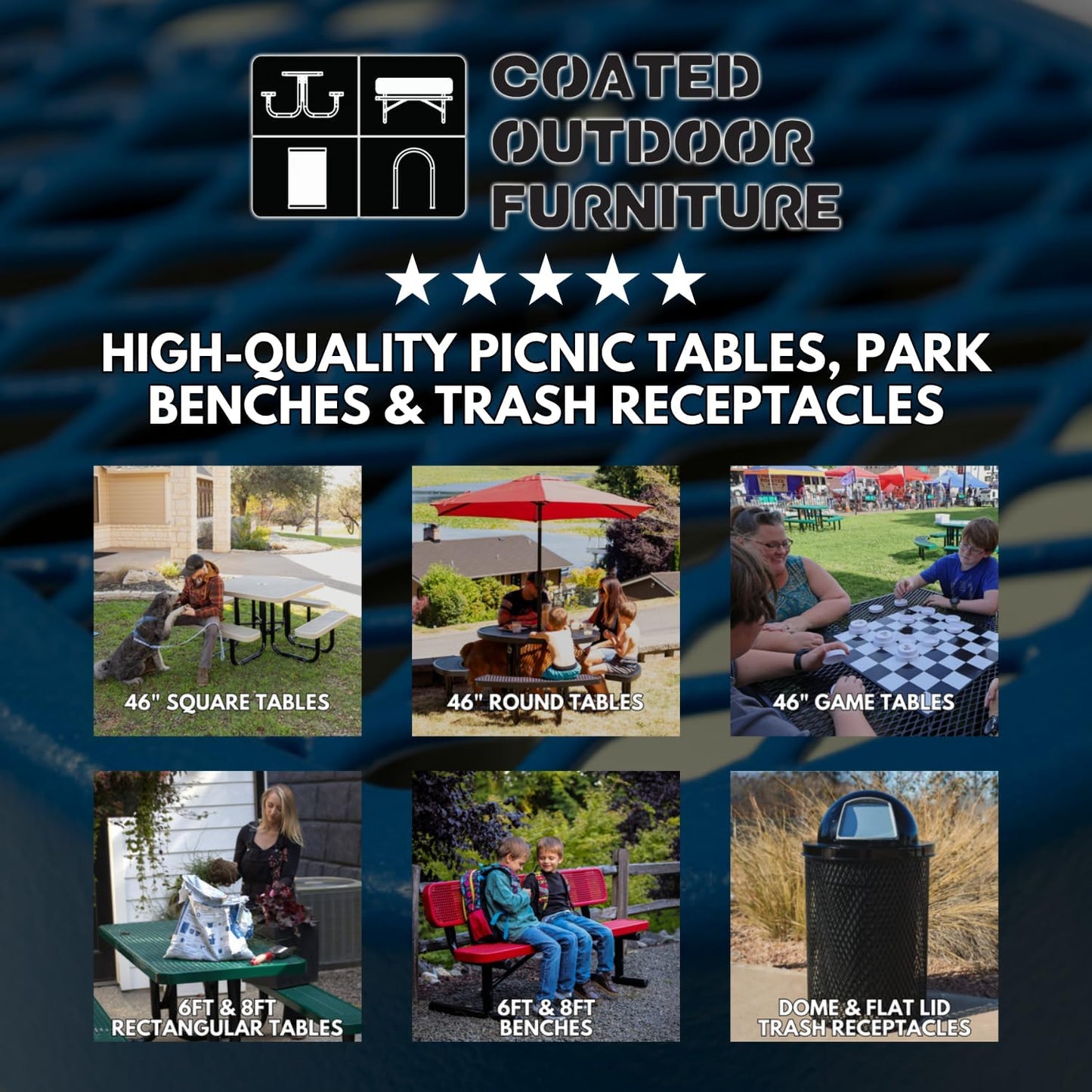 Coated Outdoor Furniture Heavy-Duty Portable Outdoor Picnic Table with Umbrella Hole, Punched Steel Commercial-Grade Patio Dining Furniture Made in America (46" Round Top, Textured Burgundy)