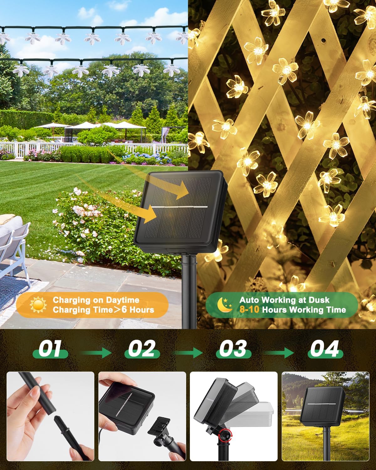 Brightown 2 Pack Total 52FT 120 LED Solar String Lights Flower Outdoor Waterproof Fairy Lights for Garden Yard Fence Patio Christmas Tree Wedding Party Decor, Warm White