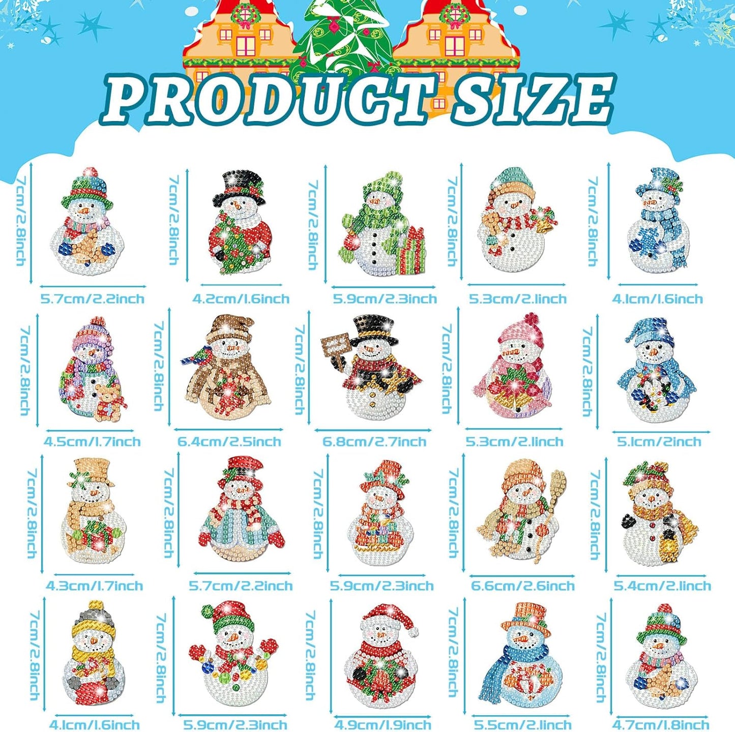 Tondiamo 20 Pcs Christmas Diamond Painting Keychain Kits 5D DIY Diamond Art Pendants Double Sided Hanging Key Chains for Christmas Party Decoration DIY (Snowman)