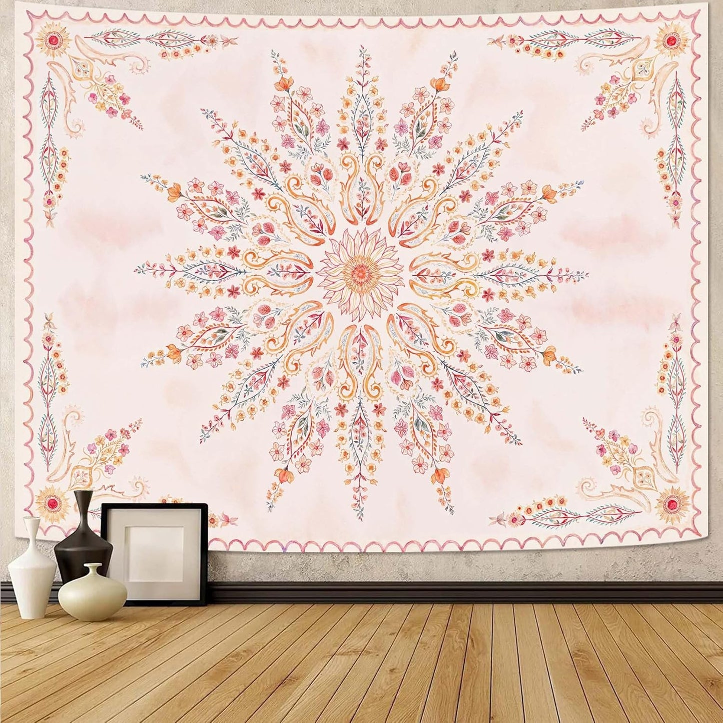Fowocu Boho Floral Mandala Tapestry for Bedroom Aesthetic Pink Bohemian Flower Wall Tapestry Watercolor Hippie Indian Large Tapestries Wall Hanging for Living Room Dorm Decor 80 x 60 Inch