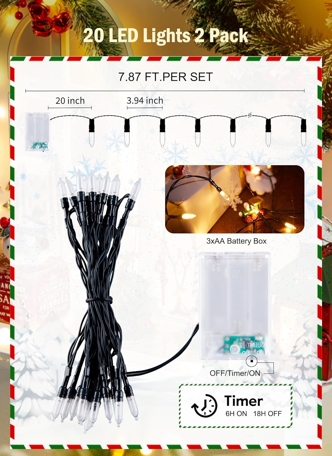 Battery Operated Christmas String Lights, 8ft 20 LED Mini Lights with Timer, Christmas Tree Lights for Indoor Outdoor Bedroom Wedding Party Holiday Xmas Decoration，Warm White（2 Pack）