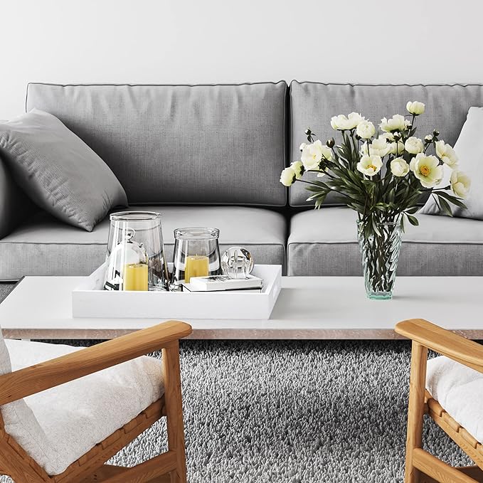 Wood Serving Tray with Handles, Home Decorative Wooden Rectangle Ottoman Decor Platter Vanity Tray for Breakfast Dinner Drinks Kitchen Dining Living Bathroom Restaurants White