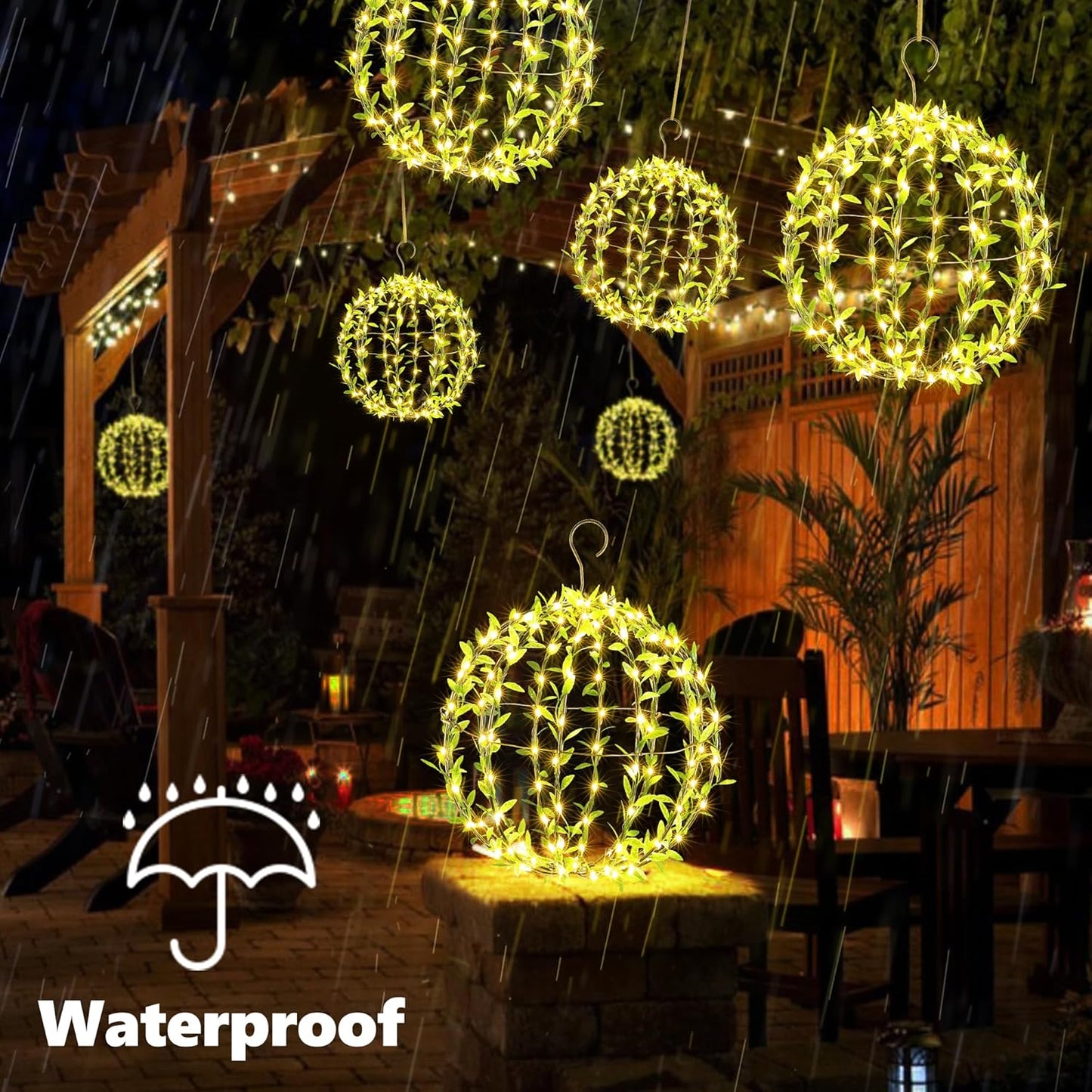 Solar Powered Hanging Iron Sphere Lights with Artificial Greenery – 12Inch 120 LED Waterproof Outdoor Decor Ball Light with Timer & 8 Modes – 2 Pack for Garden, Christmas, Weddings (Warm White)